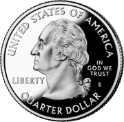 Shiny silver coin with profile of Washington bust. He faces left regally and wears a colonial-style queue in his hair. "UNITED STATES OF AMERICA" is at top, "QUARTER DOLLAR" at bottom, "LIBERTY" at left, and "IN GOD WE TRUST" above "S" at right. Just below the bust is "JF uc" in tiny letters.